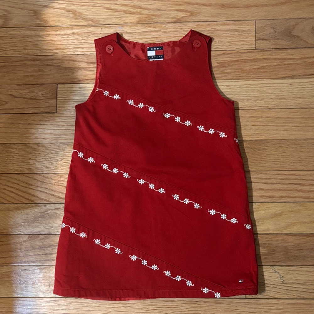 Vintage Tommy Hilfiger 100% Cotton Red Sleeveless Dress with White Flower Detail